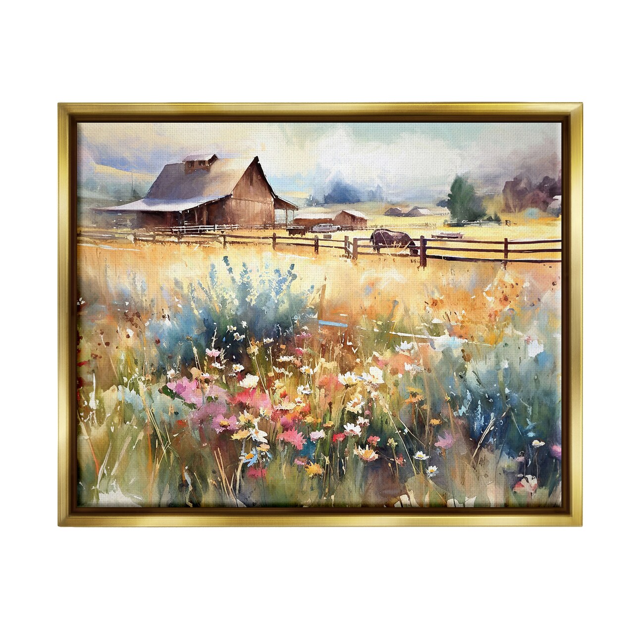 Stupell Industries Horse in Farmhouse Meadow Black Framed Floater Canvas Wall Art